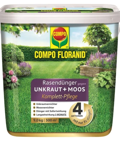 Engrais pour gazon COMPO FLORANID contre les mauvaises herbes et la mousse – Soin complet, 9 kg
