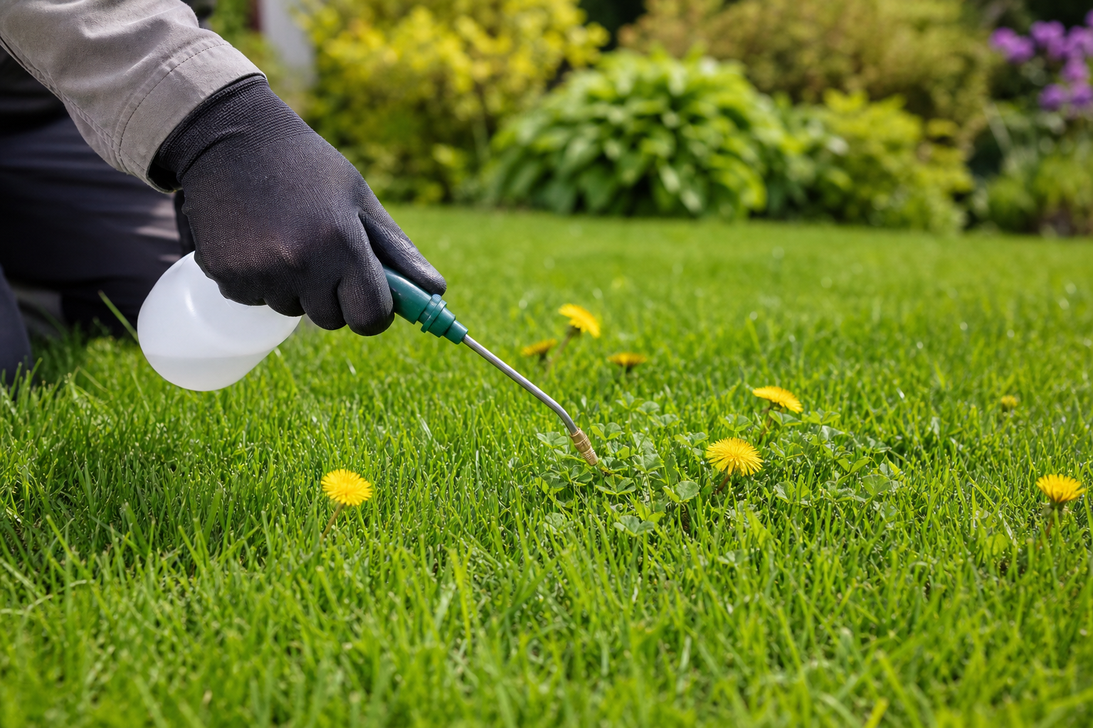 High-resolution editorial garden scene of a healthy dense green lawn being selectively treated for weeds: a close-up of a gloved gardener using a handheld sprayer or precision applicator on scattered dandelions and clover, with the surrounding grass remaining lush and untouched, subtle visual contrast between targeted weeds and vibrant turf, bright natural daylight, clean well-maintained suburban garden background, fresh spring atmosphere, realistic details, shallow depth of field, professional agricultural lifestyle photography style, no text, no logos, no packaging, no watermark